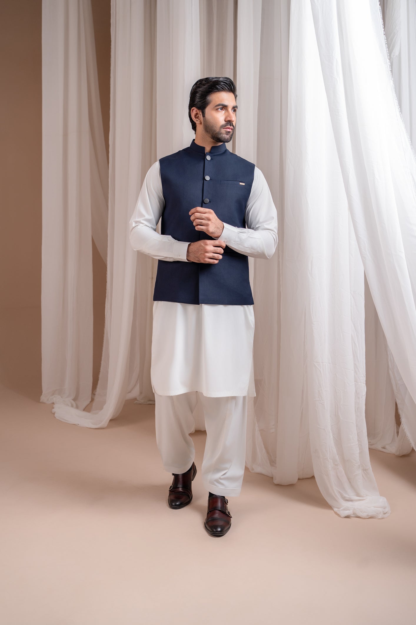Off White Blended Kurta Shalwar with Navy Waistcoat (3-Piece) - Image 1
