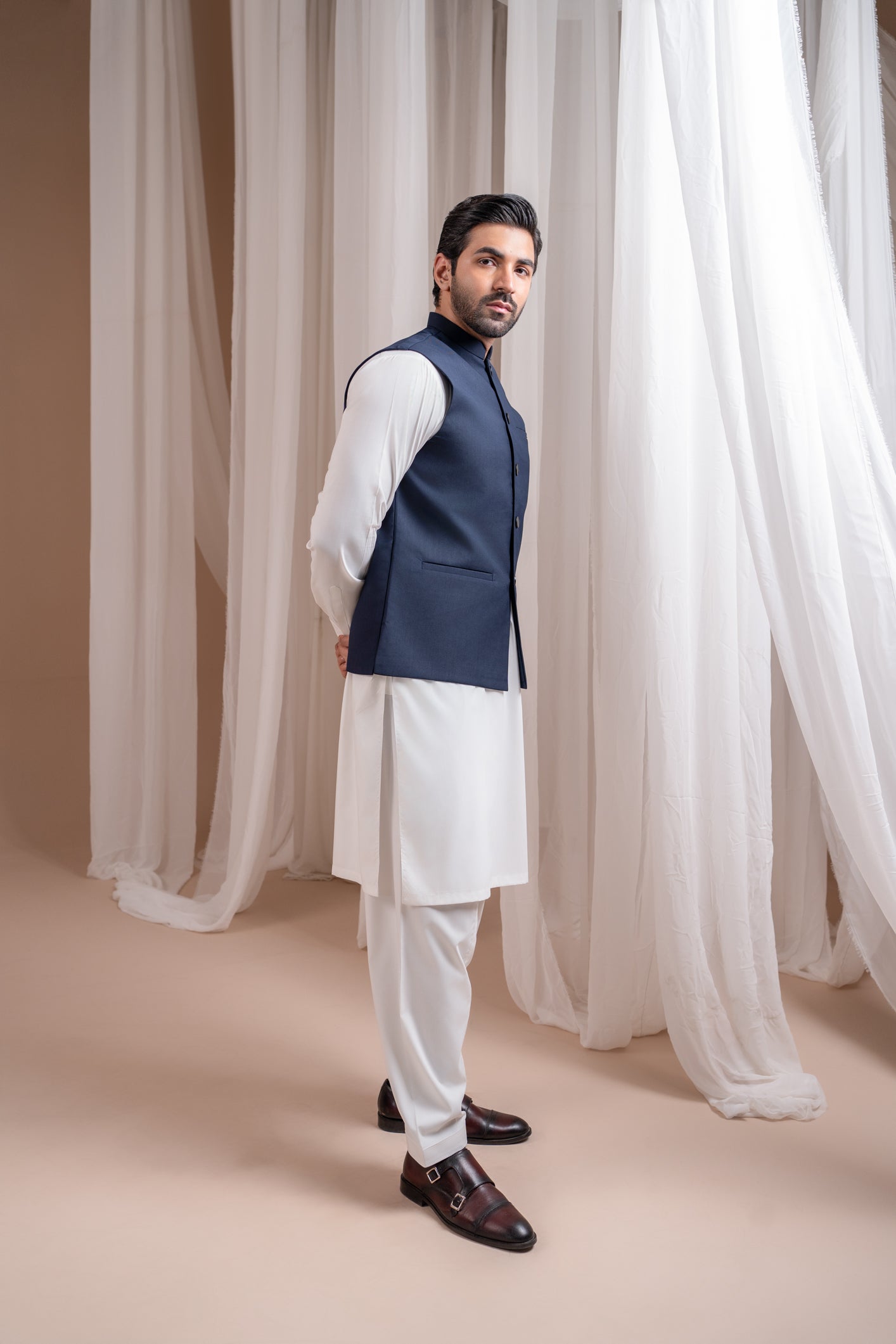 Off White Blended Kurta Shalwar with Navy Waistcoat (3-Piece) - Image 2