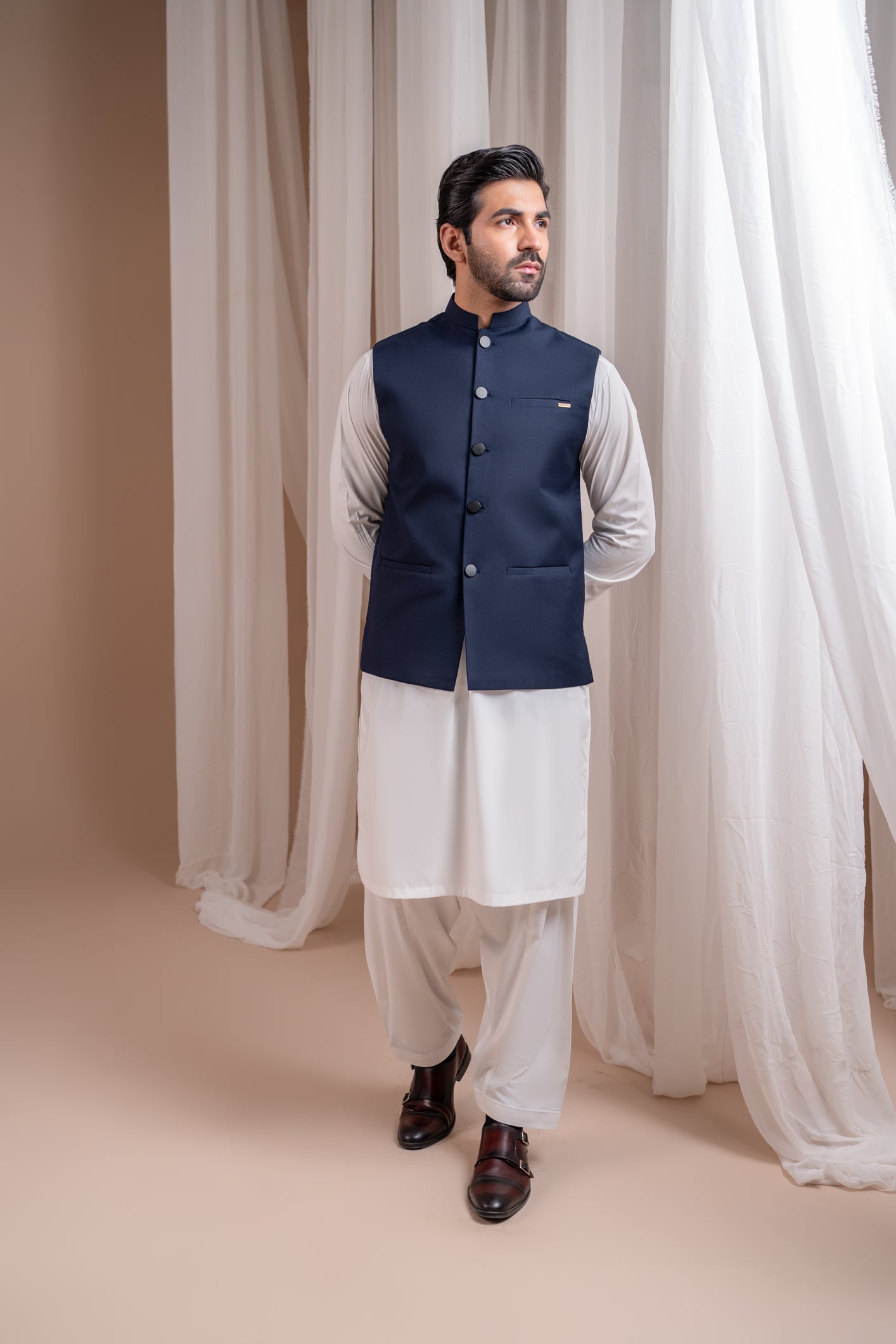 Off White Blended Kurta Shalwar with Navy Waistcoat (3-Piece) - Image 3
