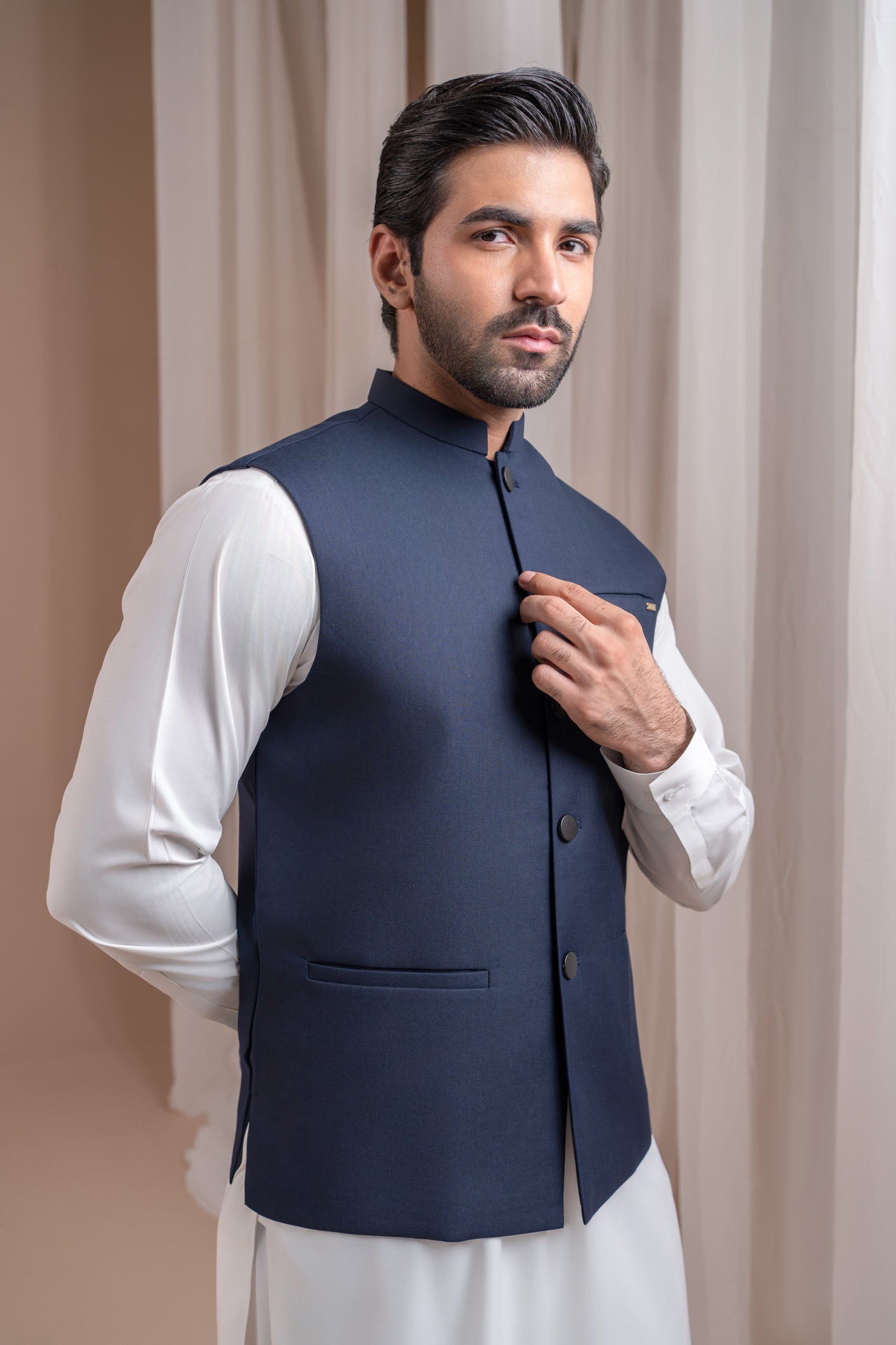 Off White Blended Kurta Shalwar with Navy Waistcoat (3-Piece) - Image 4
