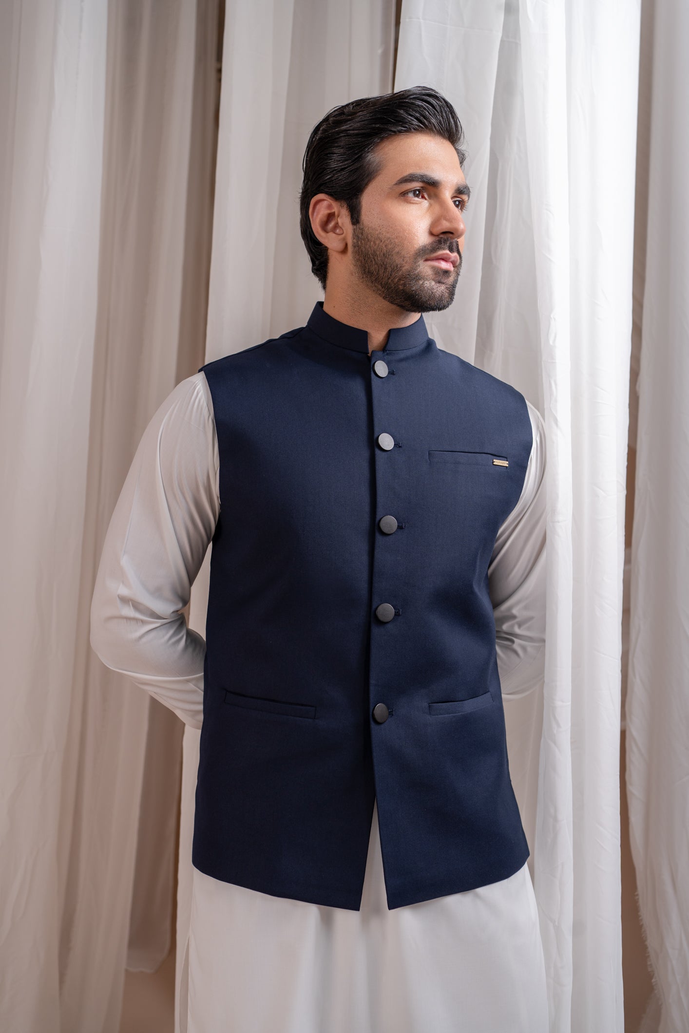 Off White Blended Kurta Shalwar with Navy Waistcoat (3-Piece) - Image 5