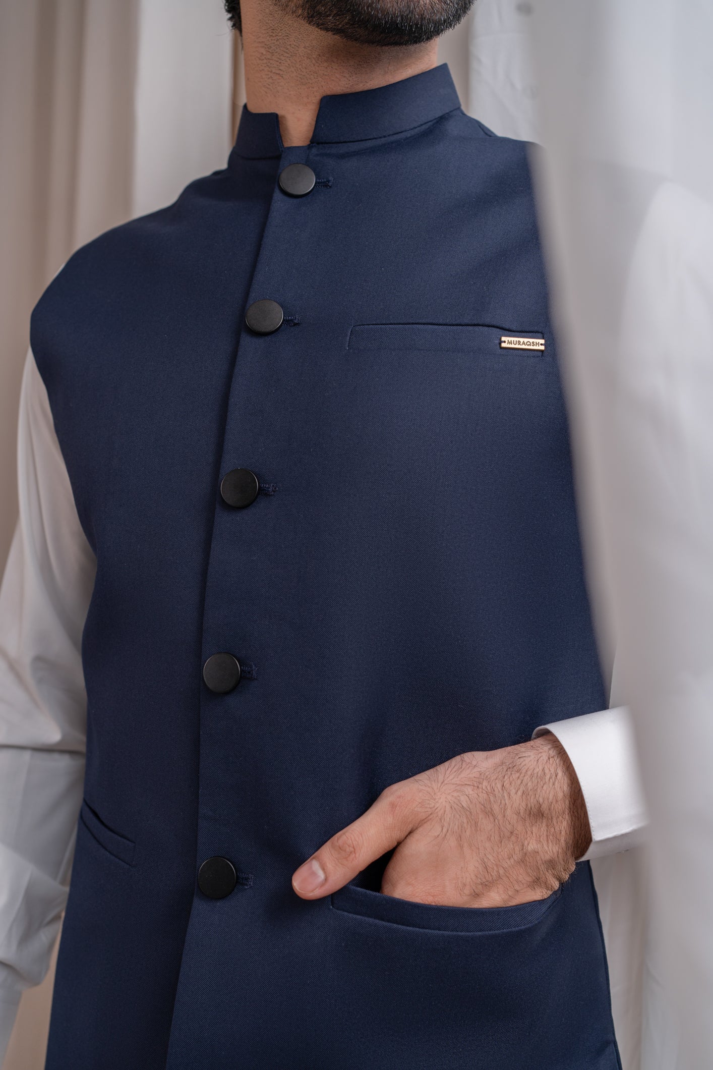 Off White Blended Kurta Shalwar with Navy Waistcoat (3-Piece) - Image 6