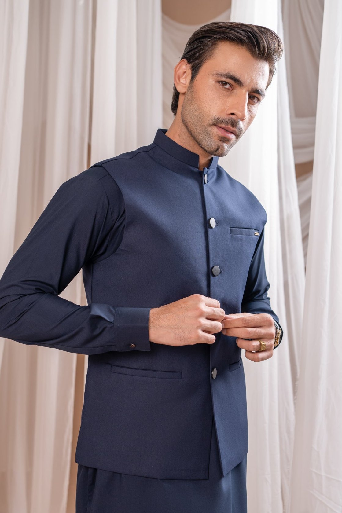 Navy Blue Suiting Straight-Cut Waistcoat Kurta (3-Piece) - Image 1
