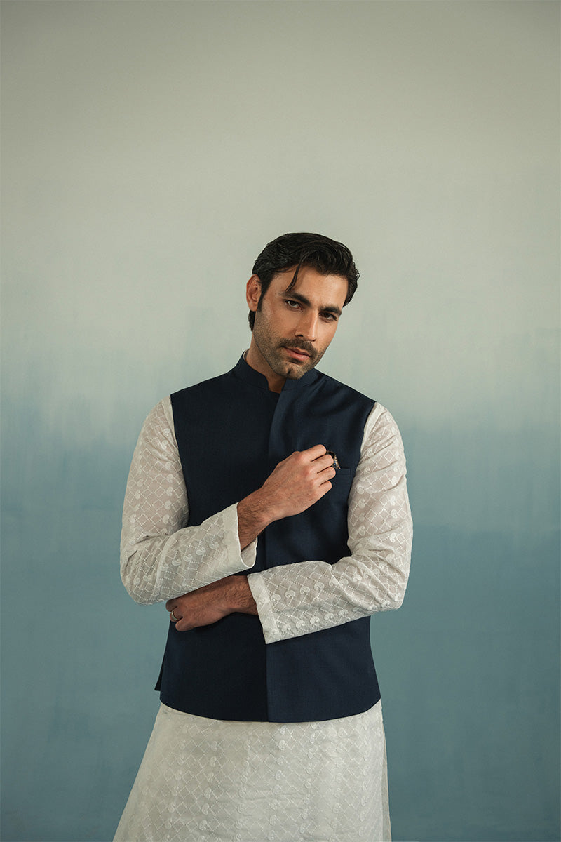 Navy Blue Textured Weave Waistcoat Kurta (3-Piece) - Image 1