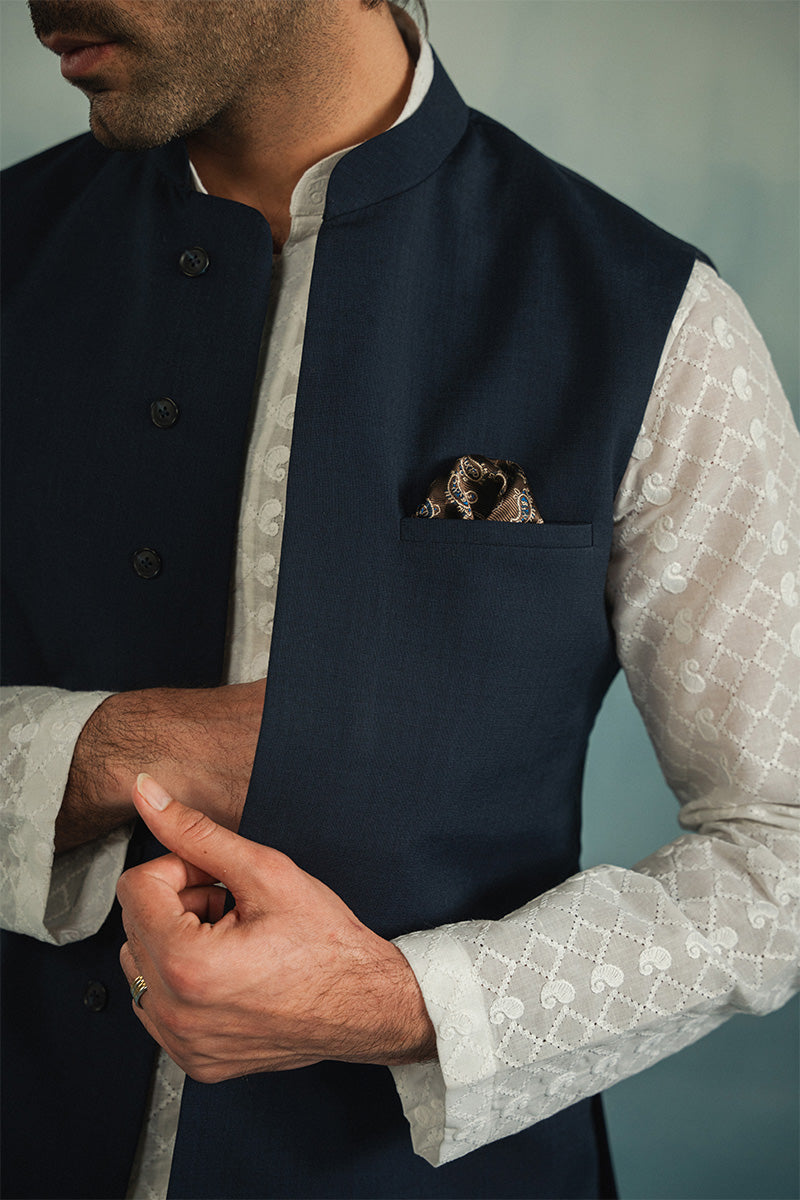 Navy Blue Textured Weave Waistcoat Kurta (3-Piece) - Image 2