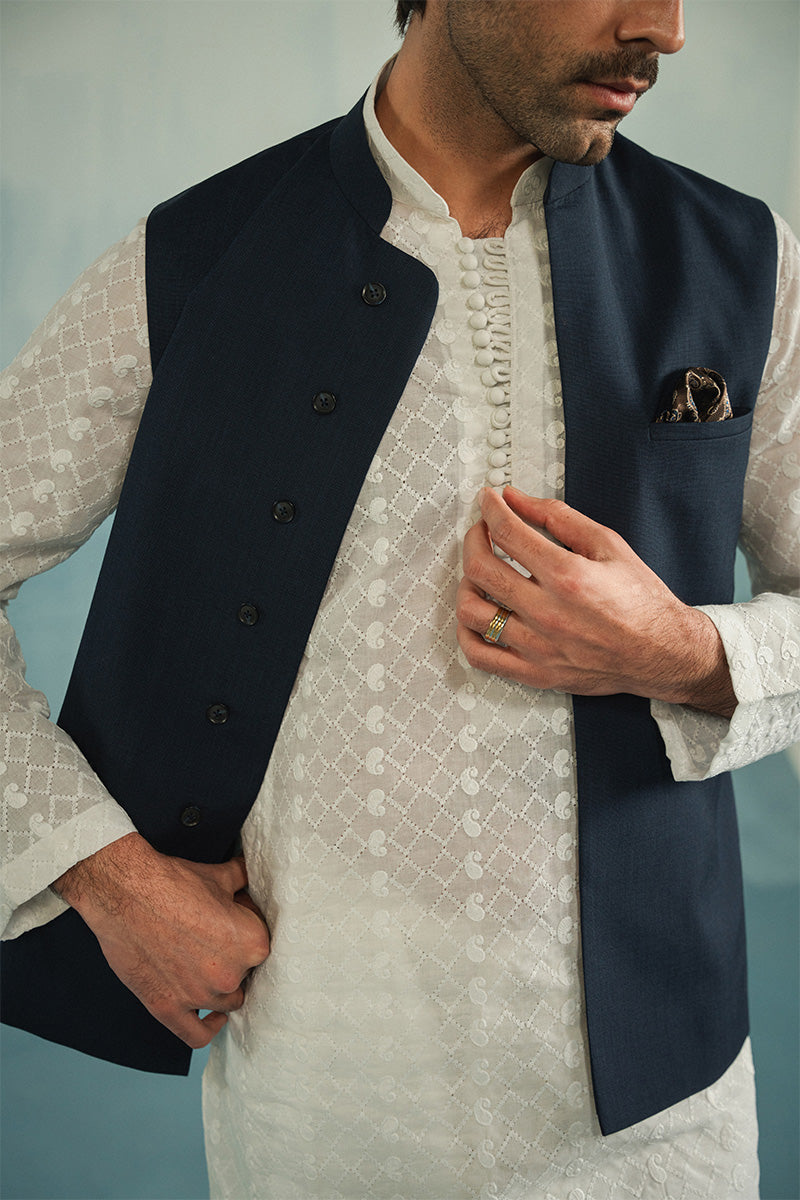 Navy Blue Textured Weave Waistcoat Kurta (3-Piece) - Image 3