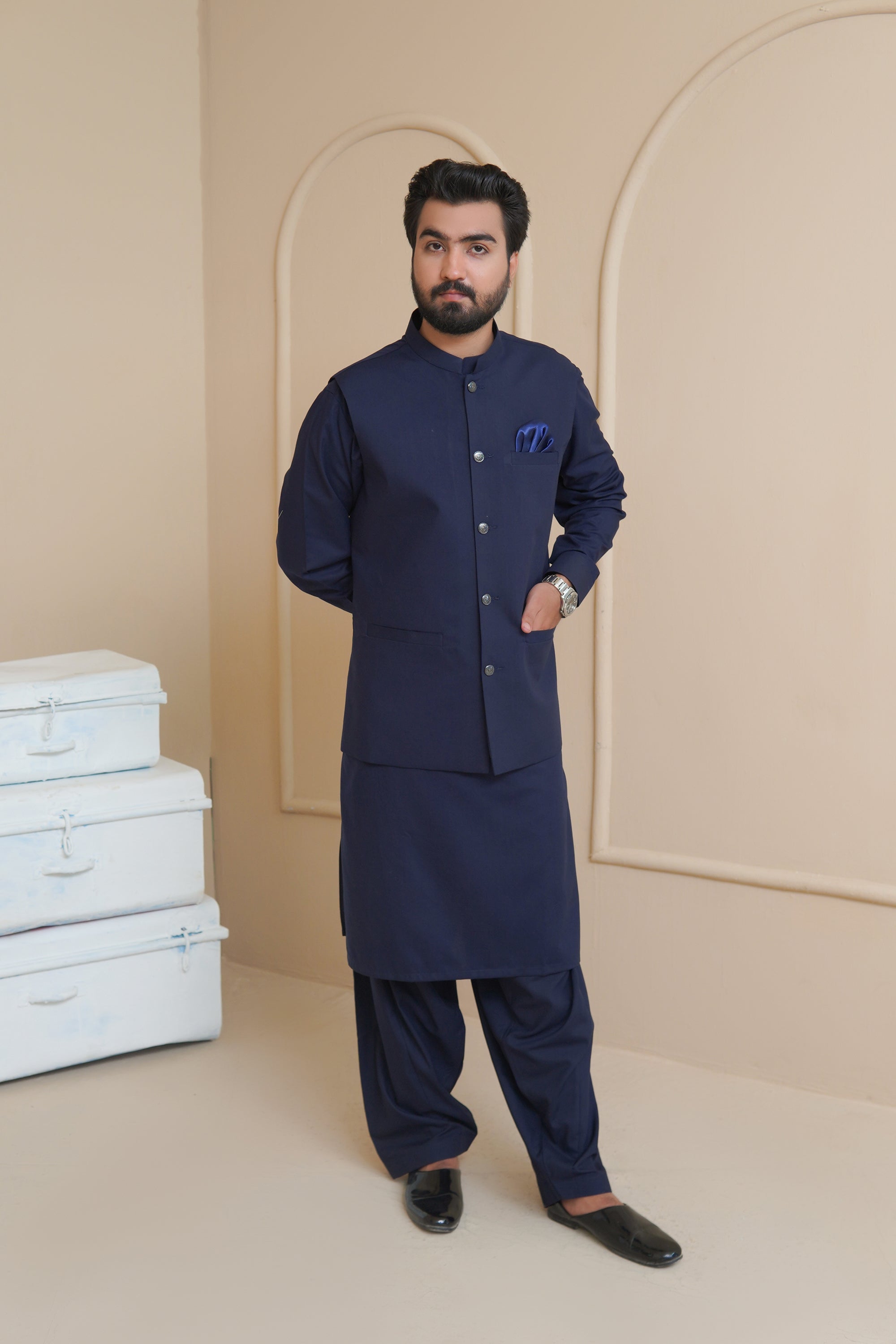 Navy Blue Premium Fabric Waistcoat Kurta (3-Piece) - Image 1