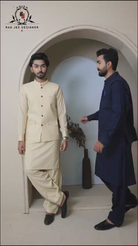 Navy Blue Premium Fabric Waistcoat Kurta (3-Piece) - Image 2