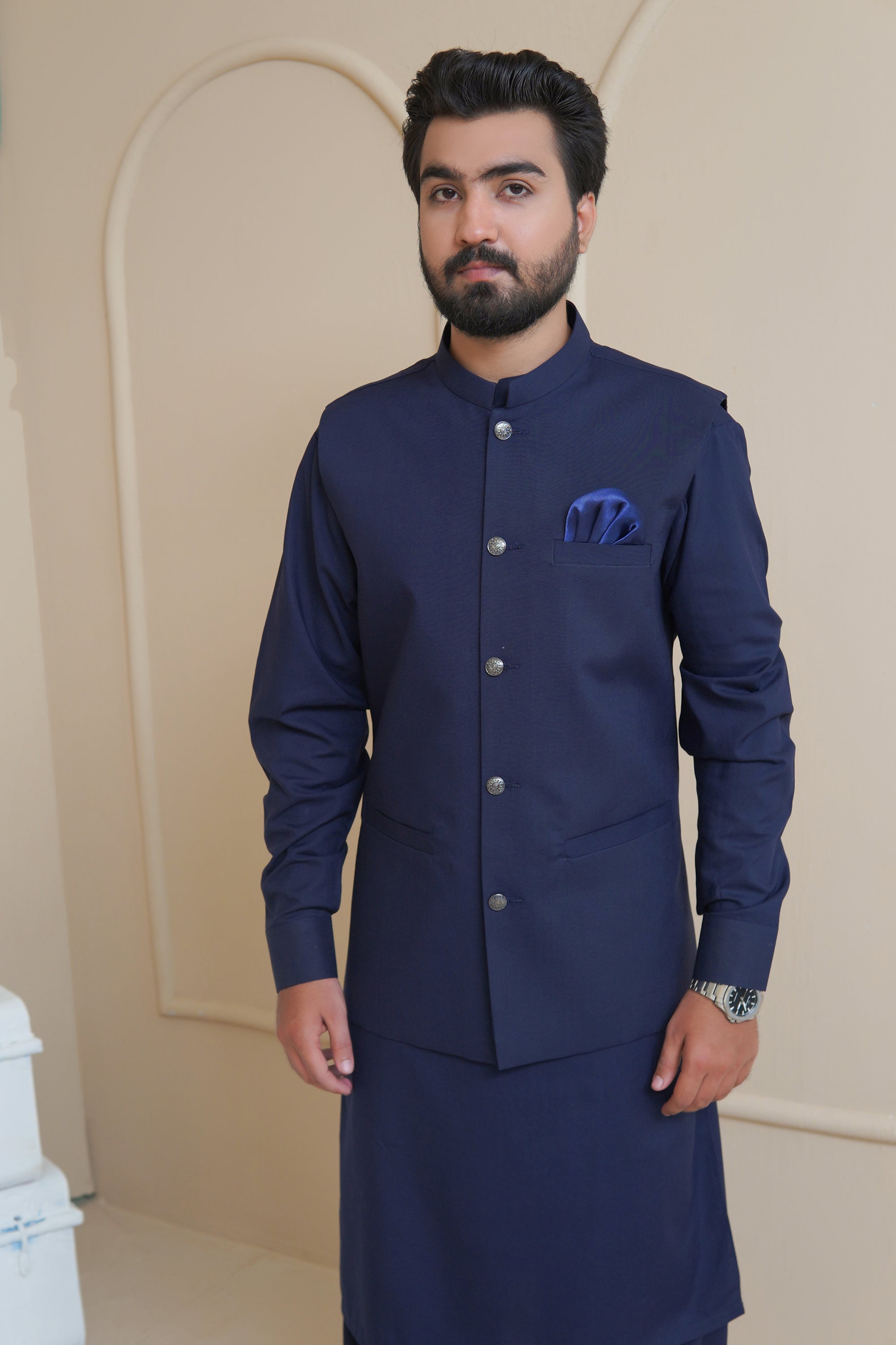 Navy Blue Premium Fabric Waistcoat Kurta (3-Piece) - Image 3