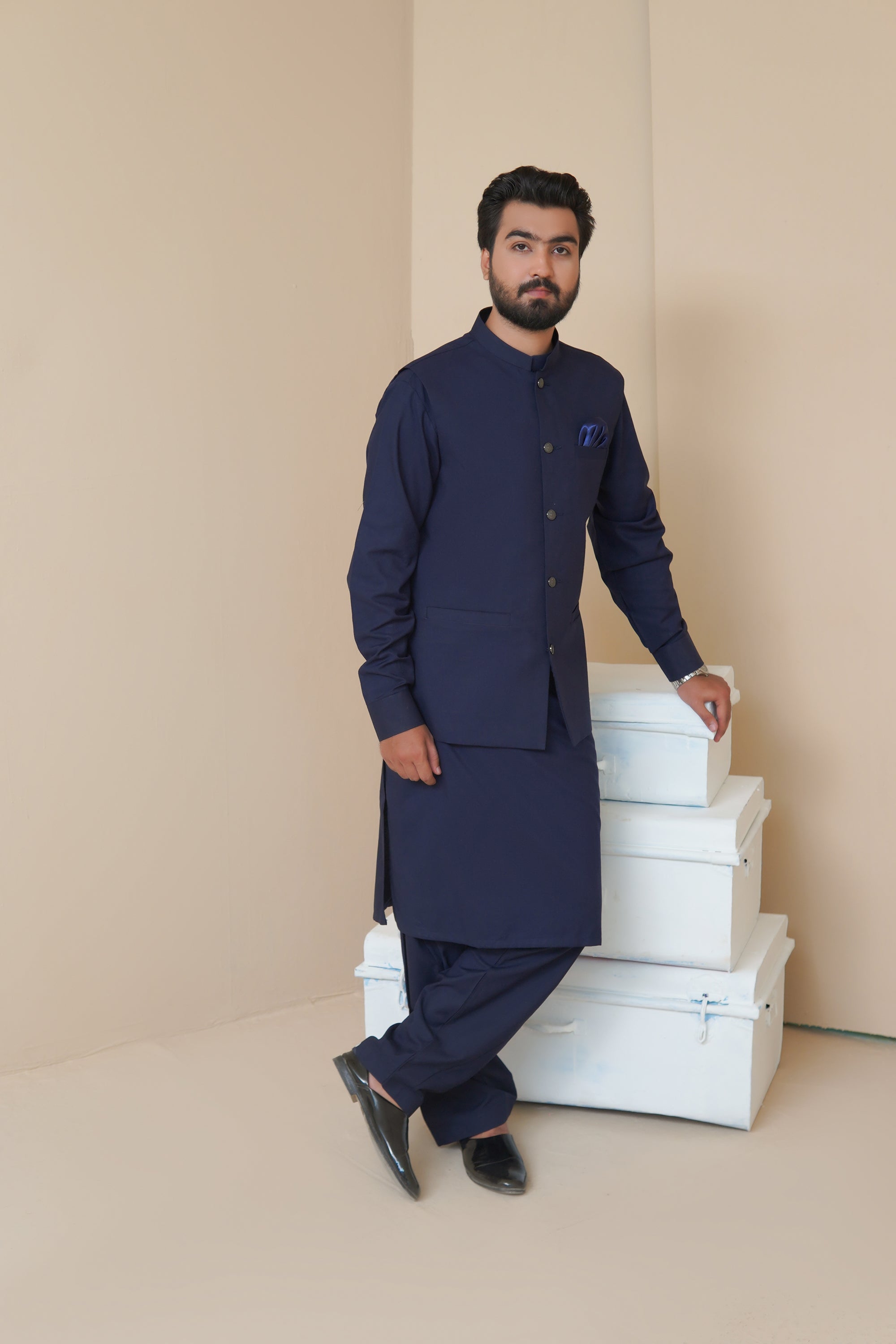 Navy Blue Premium Fabric Waistcoat Kurta (3-Piece) - Image 4