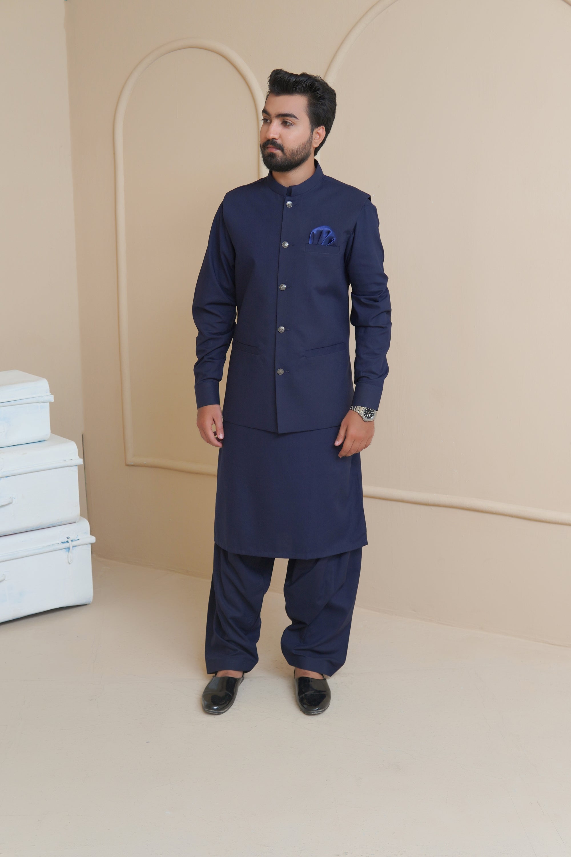 Navy Blue Premium Fabric Waistcoat Kurta (3-Piece) - Image 5