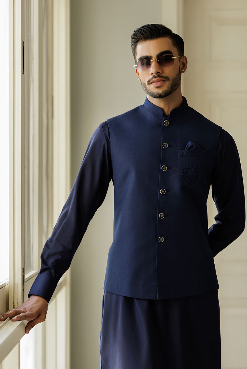 Navy Blue Thread Work Suiting Waistcoat (3-Piece) - Image 3
