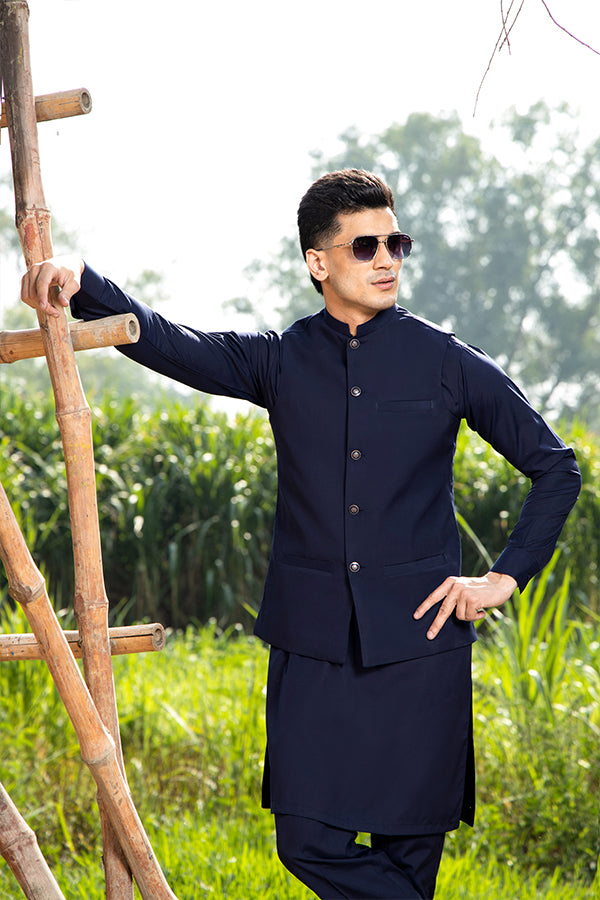 Navy Blue Solid Suiting Waistcoat Kurta (3-Piece) - Image 1