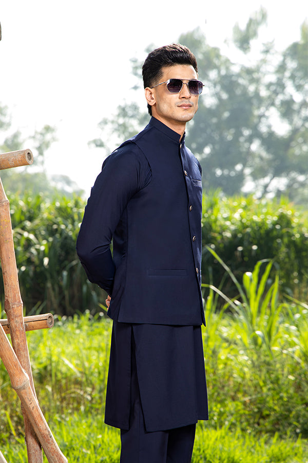 Navy Blue Solid Suiting Waistcoat Kurta (3-Piece) - Image 2