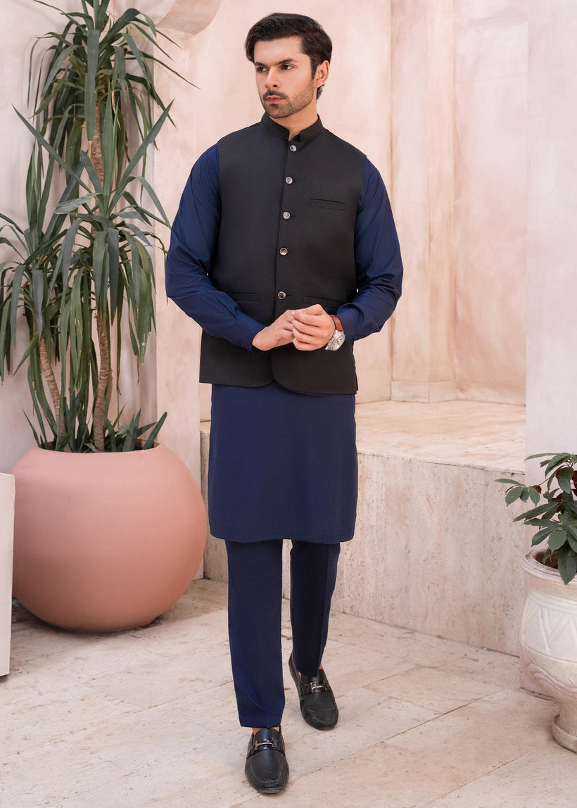 Navy and Black Blended Waistcoat Kurta (3-Piece) - Image 1