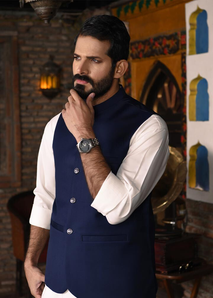 Navy and Off-White Blended Waistcoat Kurta (3-Piece) - Image 2