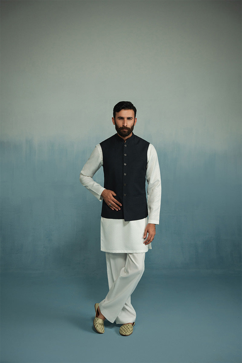 Navy Blue Textured Tropical Blend Waistcoat (3-Piece) - Image 1