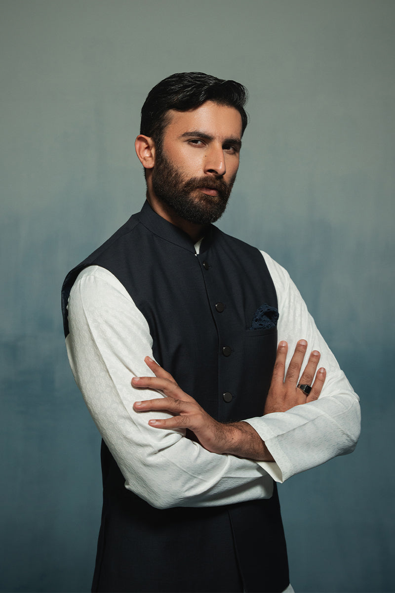 Navy Blue Textured Tropical Blend Waistcoat (3-Piece) - Image 3