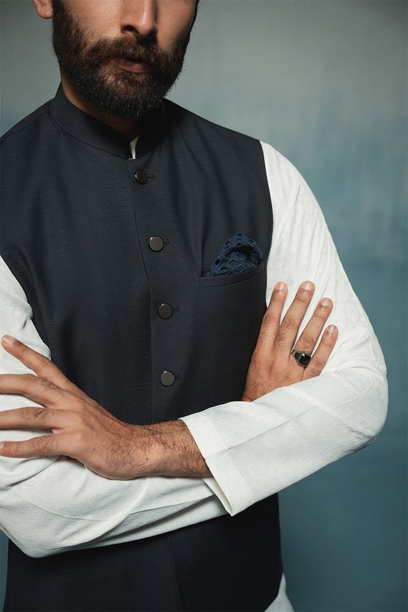 Navy Blue Textured Tropical Blend Waistcoat (3-Piece) - Image 2