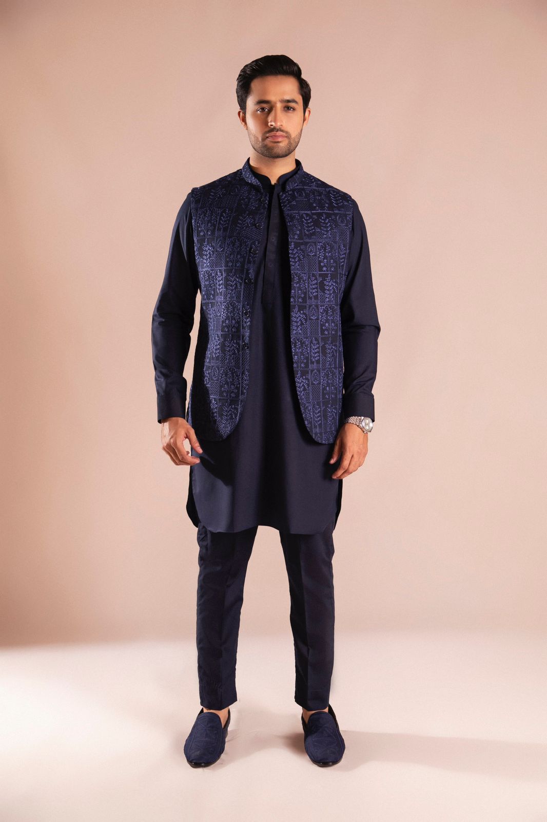 Navy Blue Embroidered Wash & Wear Waistcoat Kurta (3-Piece) - Image 1