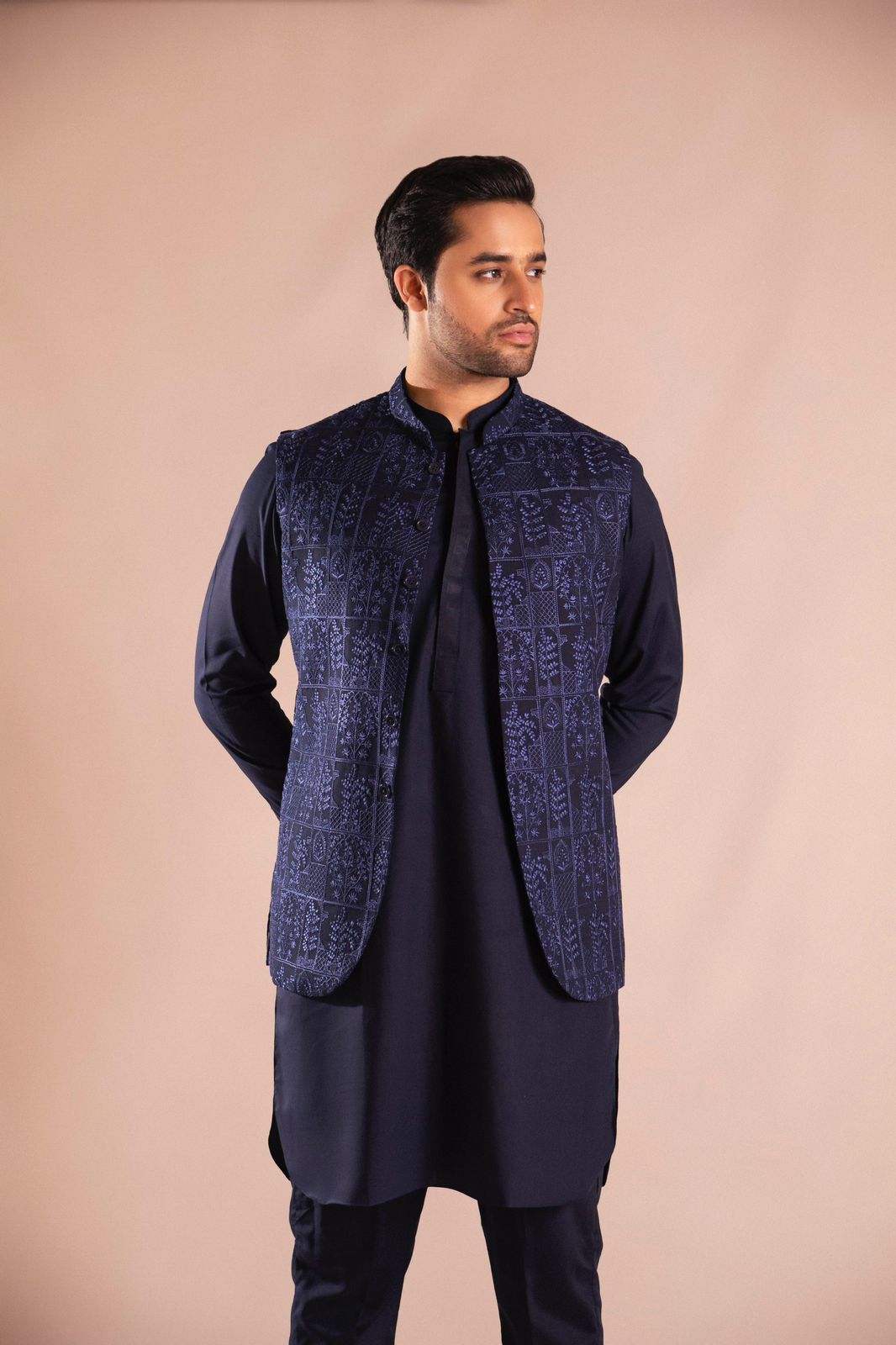 Navy Blue Embroidered Wash & Wear Waistcoat Kurta (3-Piece) - Image 2