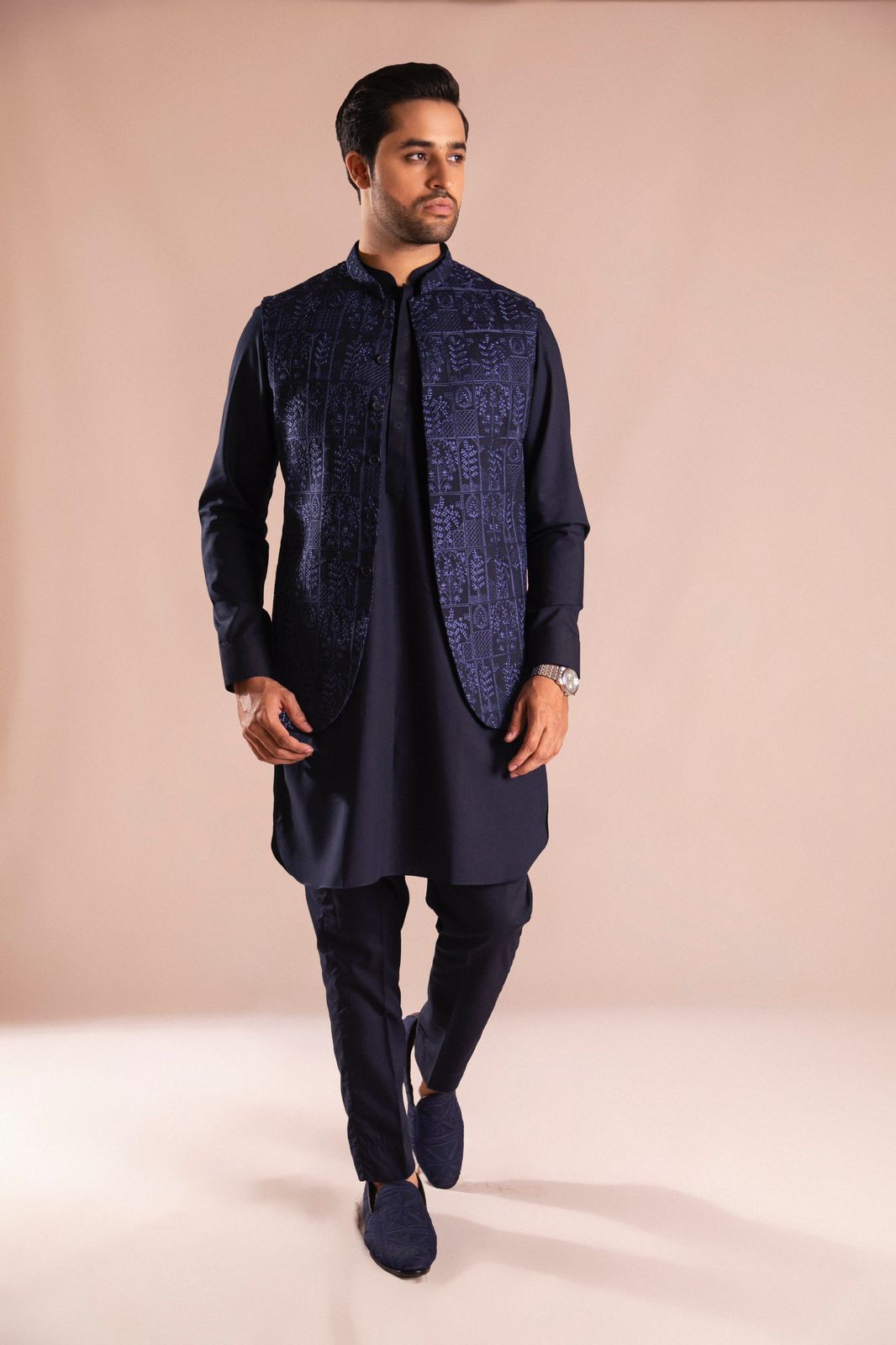 Navy Blue Embroidered Wash & Wear Waistcoat Kurta (3-Piece) - Image 3