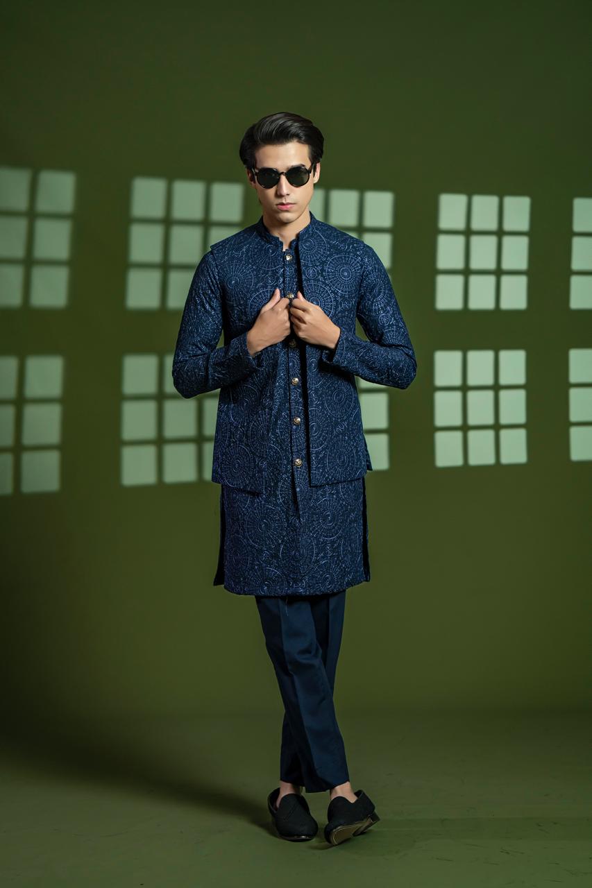 Navy Blue Embroidered Wash & Wear Waistcoat Kurta (3-Piece) - Image 5