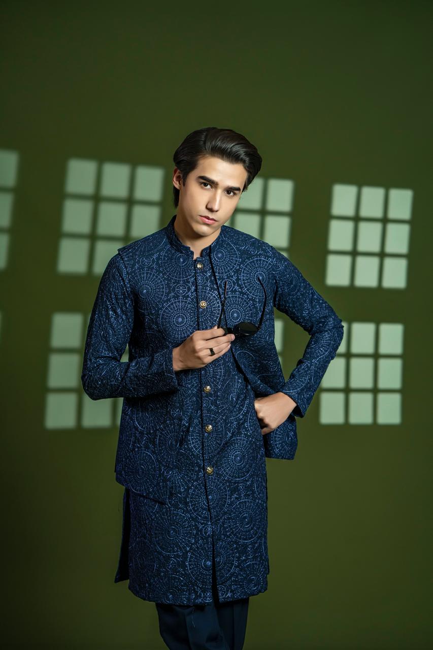 Navy Blue Embroidered Wash & Wear Waistcoat Kurta (3-Piece) - Image 6