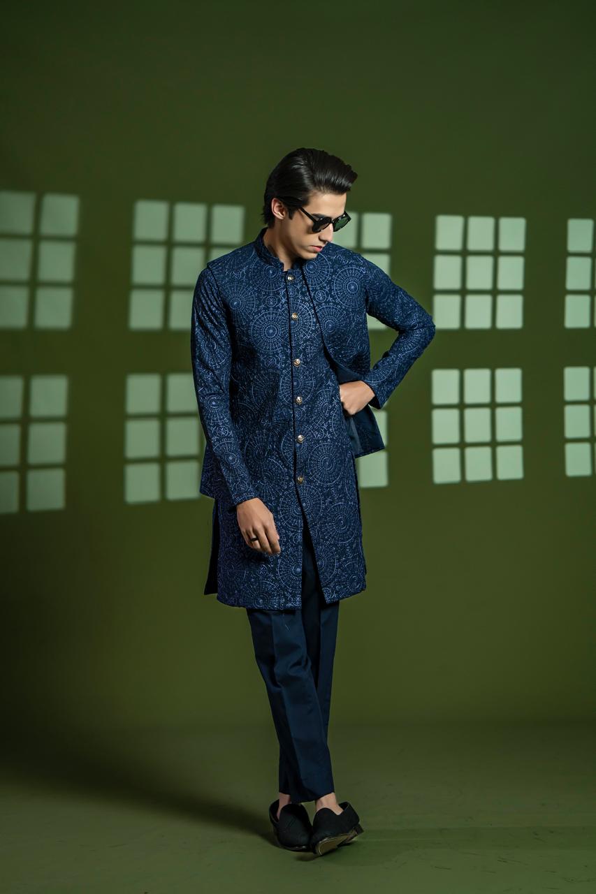 Navy Blue Embroidered Wash & Wear Waistcoat Kurta (3-Piece) - Image 1