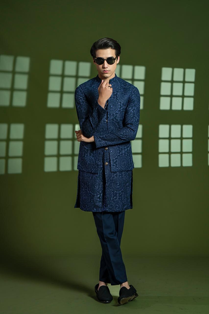 Navy Blue Embroidered Wash & Wear Waistcoat Kurta (3-Piece) - Image 3