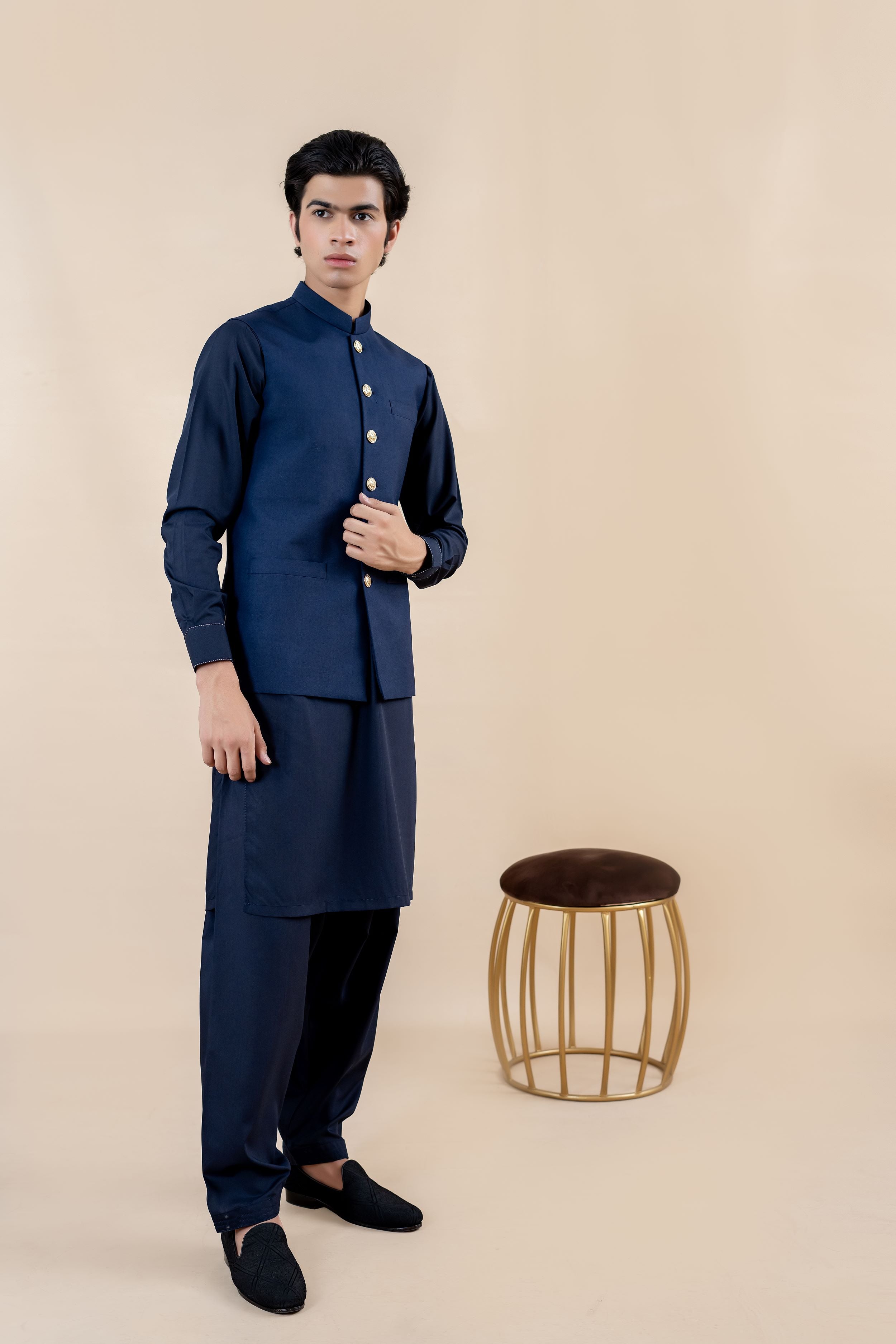 Navy Blue Wash & Wear Waistcoat Kurta Pajama (3-Piece) - Image 1