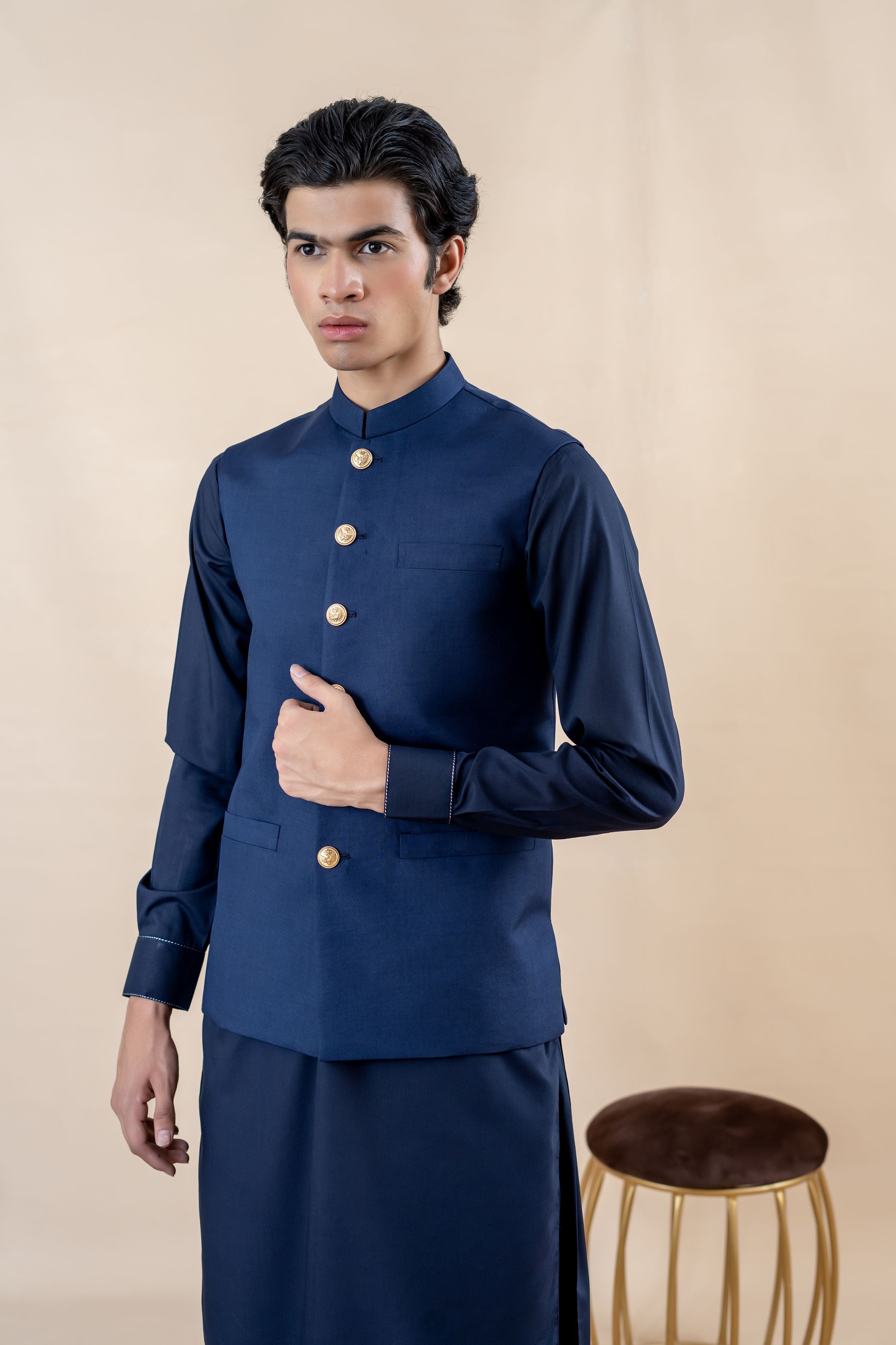 Navy Blue Wash & Wear Waistcoat Kurta (3-Piece) - Image 2
