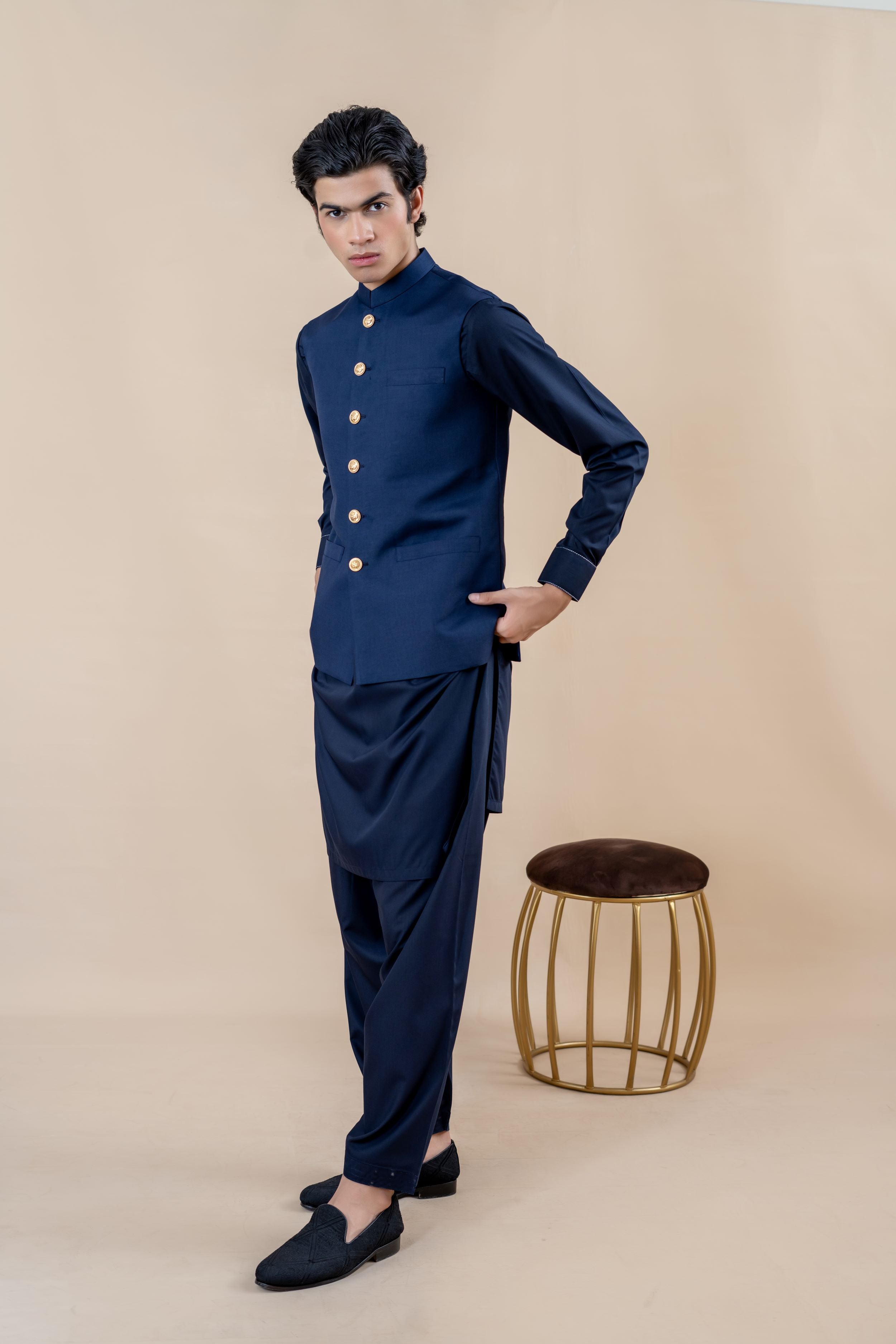 Navy Blue Wash & Wear Waistcoat Kurta (3-Piece) - Image 3