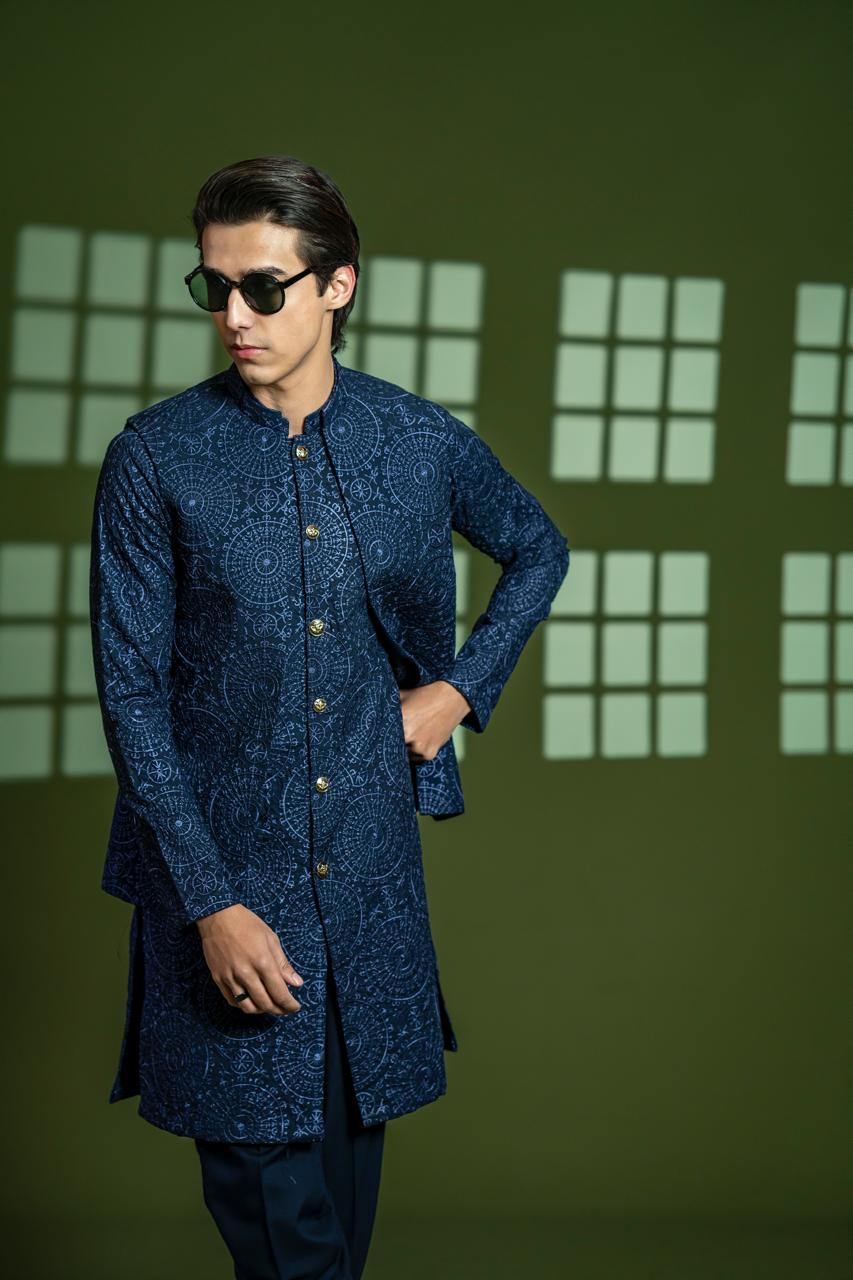 Navy Blue Embroidered Wash & Wear Waistcoat Kurta (3-Piece) - Image 2