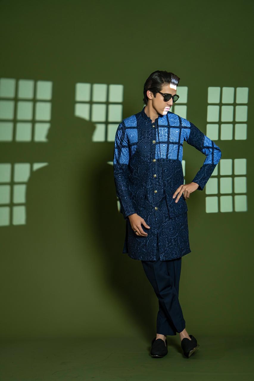 Navy Blue Embroidered Wash & Wear Waistcoat Kurta (3-Piece) - Image 4