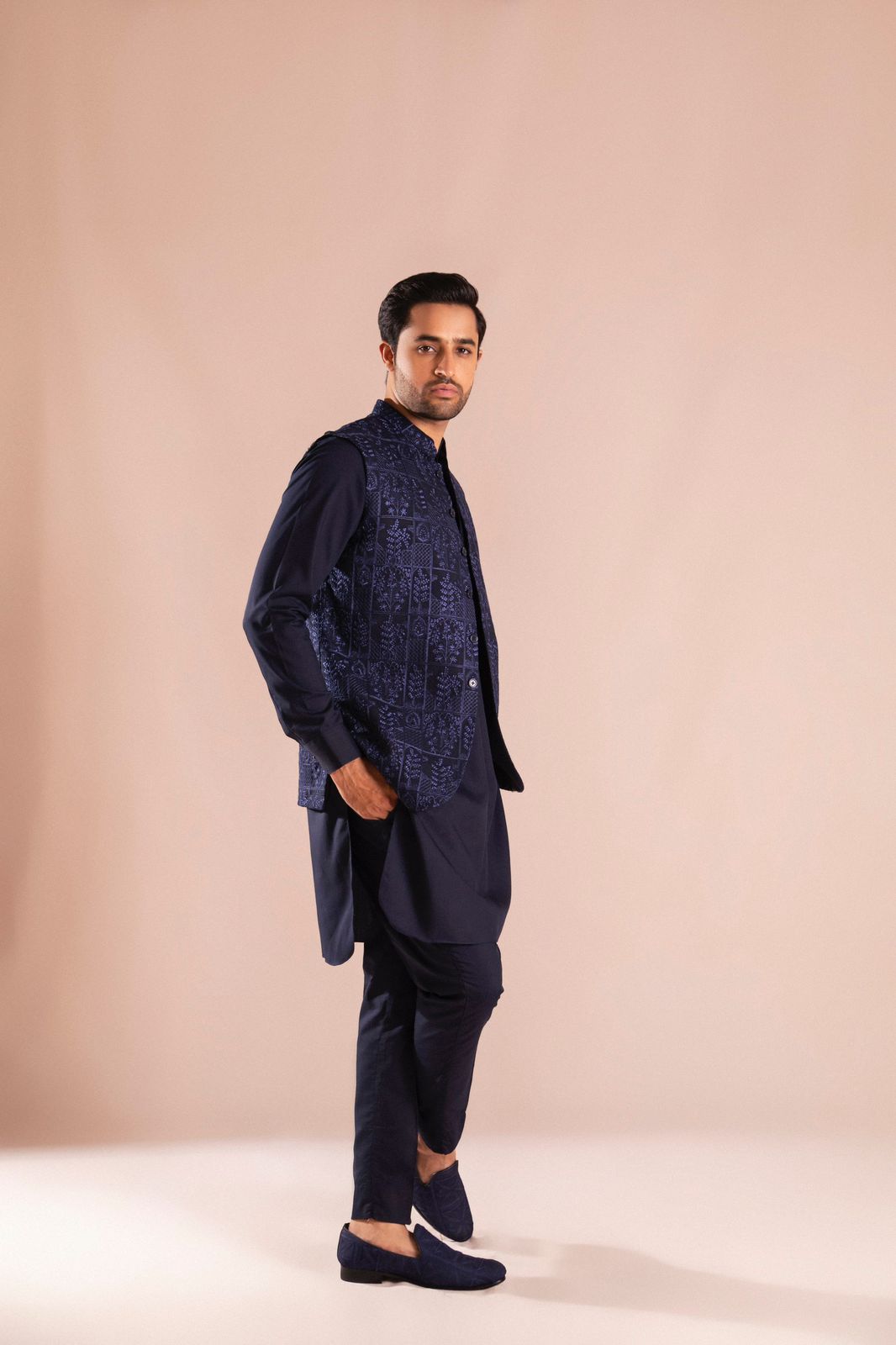 Navy Blue Embroidered Wash & Wear Waistcoat Kurta (3-Piece) - Image 5