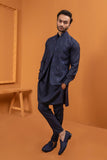 Navy Blue Embroidered Wash & Wear Waistcoat Kurta (3-Piece) - Image 4
