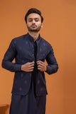 Navy Blue Embroidered Wash & Wear Waistcoat Kurta (3-Piece) - Image 5