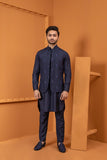Navy Blue Embroidered Wash & Wear Waistcoat Kurta (3-Piece) - Image 6