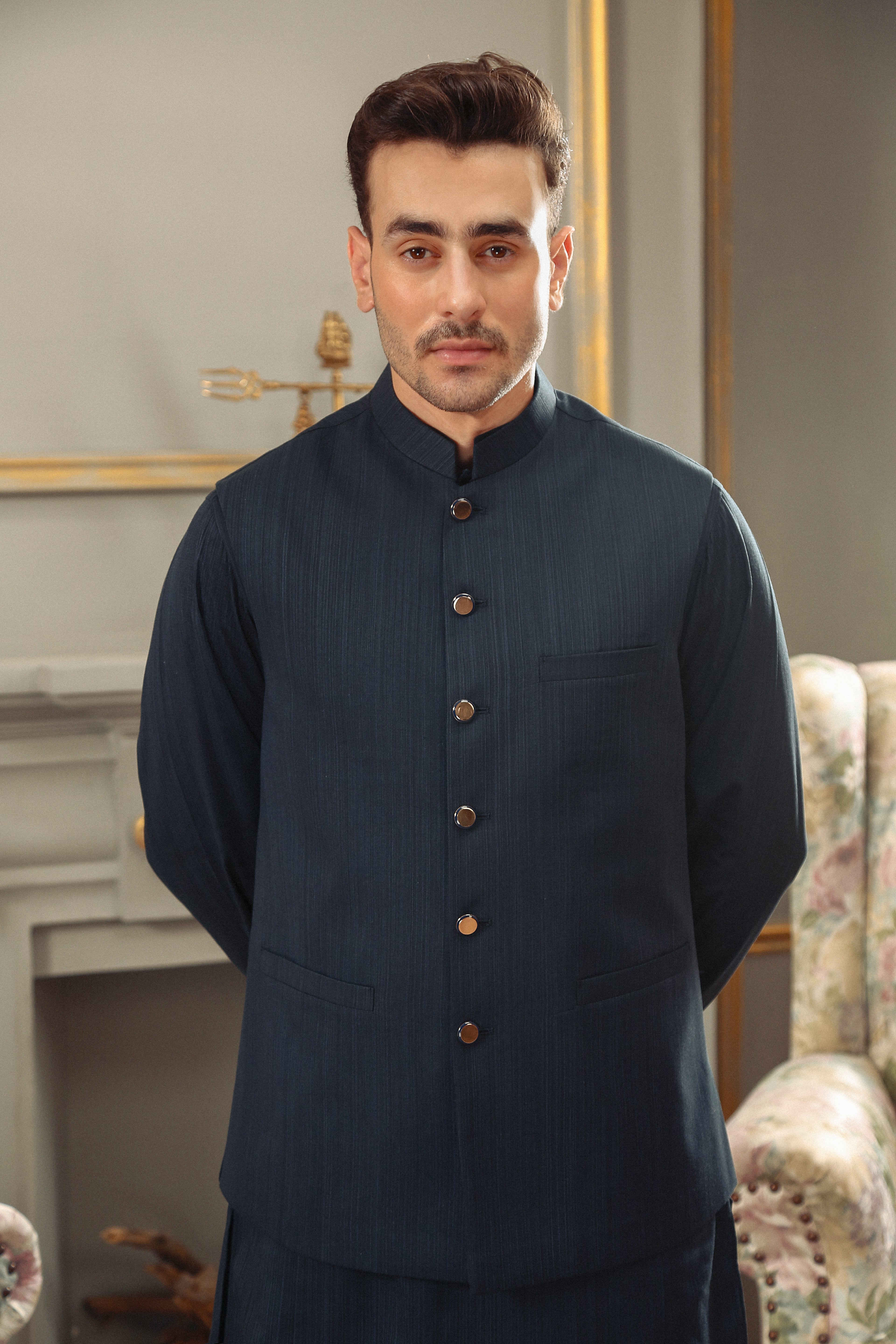 Navy Yarn-Dyed Cotton Tailored Waistcoat (2-Piece) - Image 1
