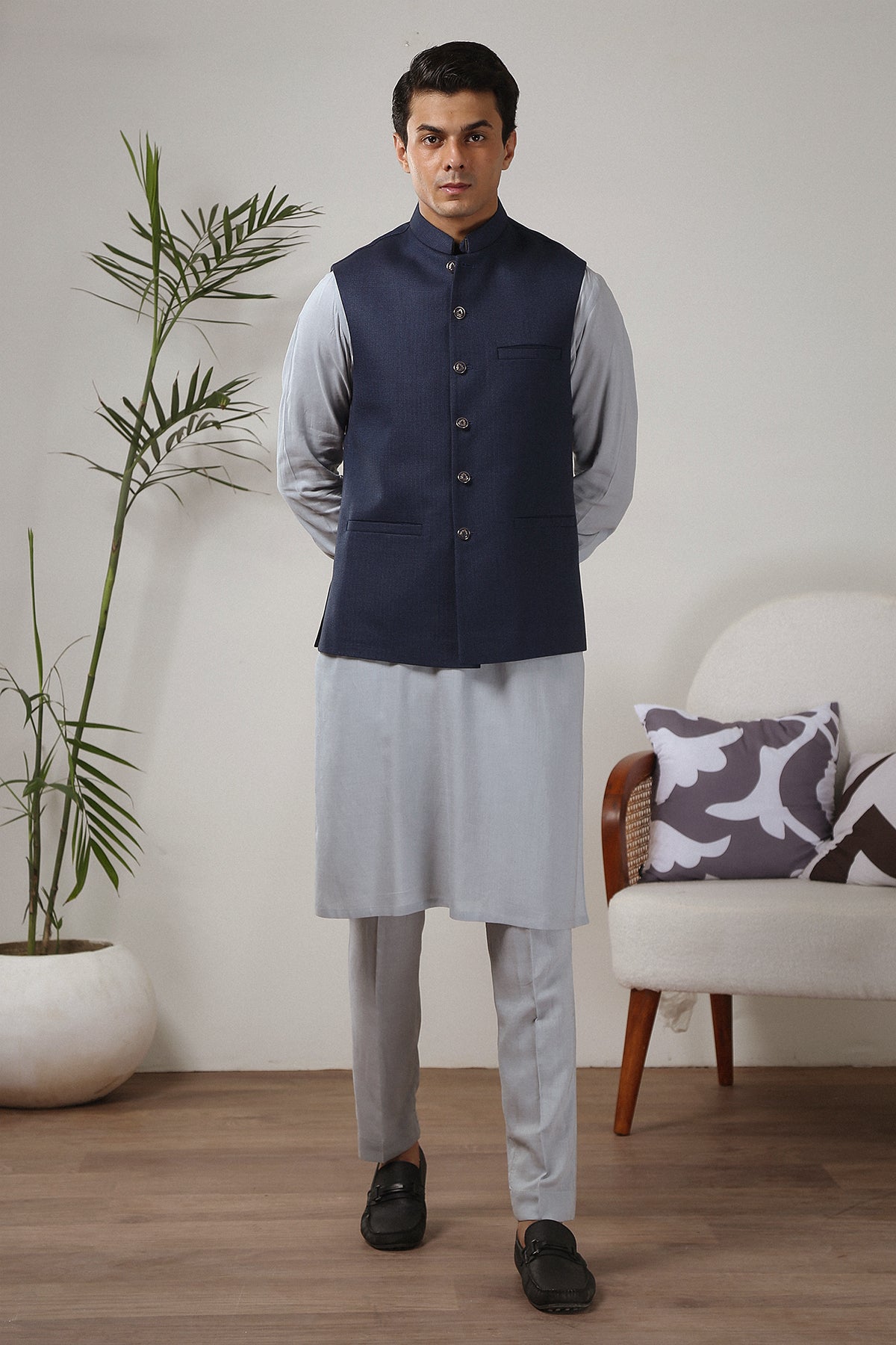Navy Blue Yarn Dyed Waistcoat Kurta (3-Piece) - Image 1