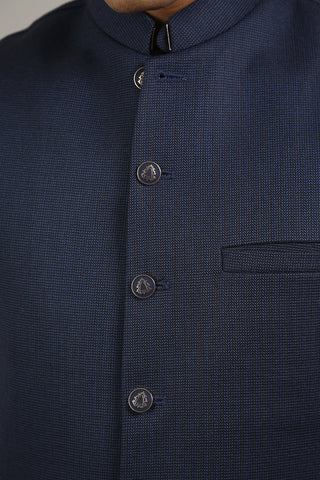 Navy Blue Yarn Dyed Waistcoat Kurta (3-Piece) - Image 11