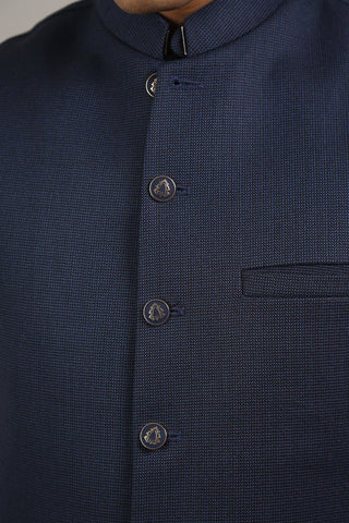 Navy Blue Yarn Dyed Waistcoat Kurta (3-Piece) - Image 6