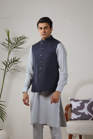 Navy Blue Yarn Dyed Waistcoat Kurta (3-Piece) - Image 7