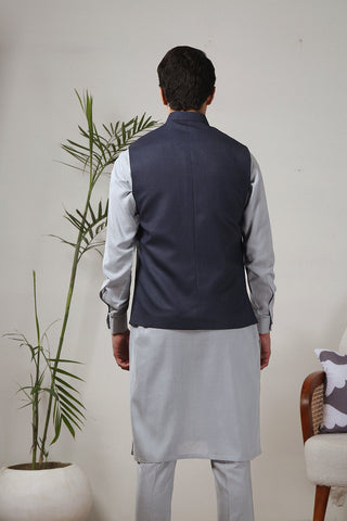 Navy Blue Yarn Dyed Waistcoat Kurta (3-Piece) - Image 8