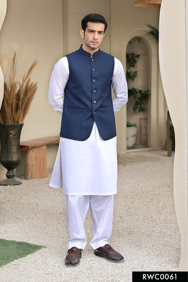 Navy Blue Hemstitched Suiting Waistcoat (3-Piece) - Image 1