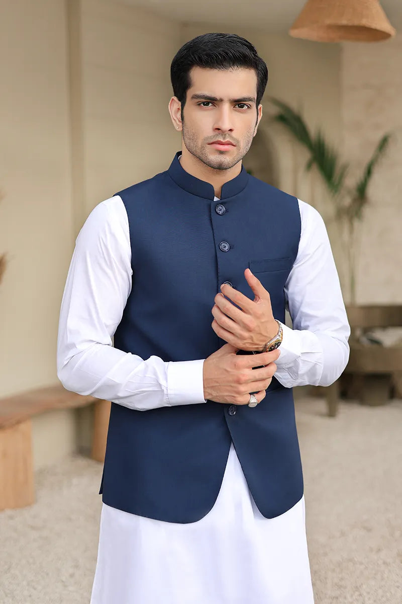 Navy Blue Hemstitched Suiting Waistcoat (3-Piece) - Image 2