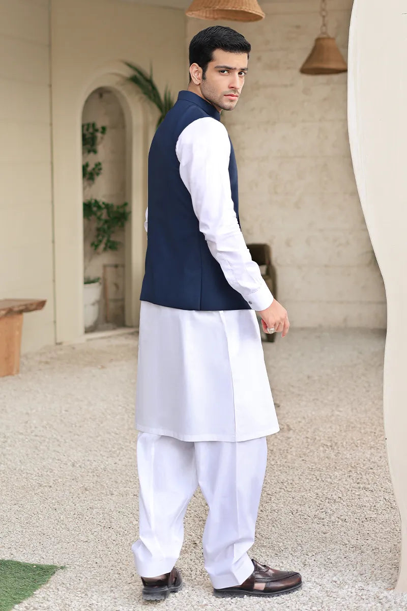 Navy Blue Hemstitched Suiting Waistcoat (3-Piece) - Image 4