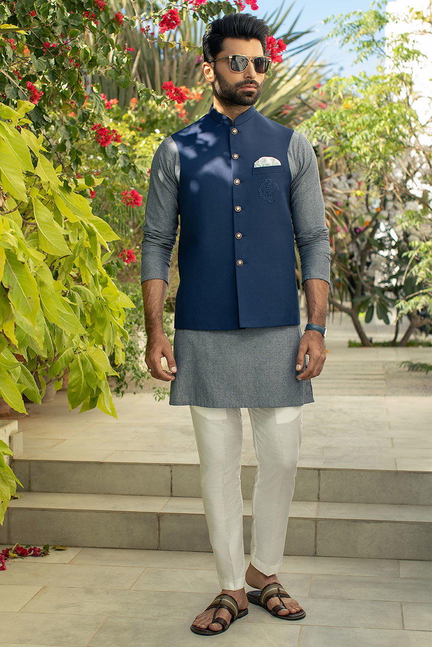 Navy Blue Embroidered Suiting Waistcoat (1-Pc) - Image 1