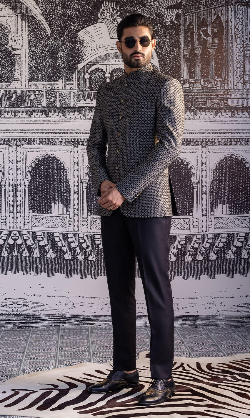 Monochrome Geometric Brocade Prince Coat (2-Piece) - Image 1